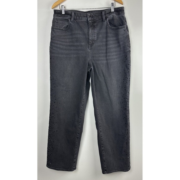 Talbots Embellished High Waist Relaxed Jeans Black Rhinestone Crystal Size 14 - Picture 2 of 16
